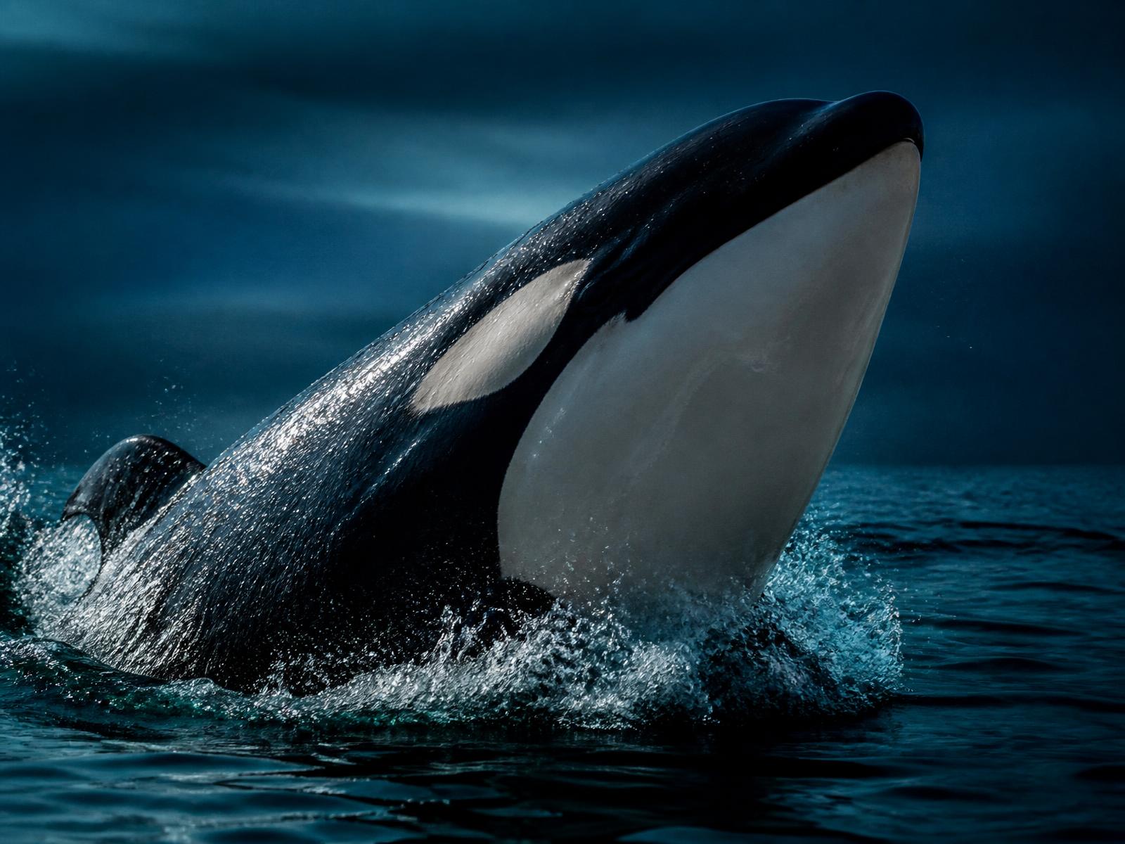 Orca vyskakující z tmavé oceánské hladiny — symbol inteligence a rychlé reakce.